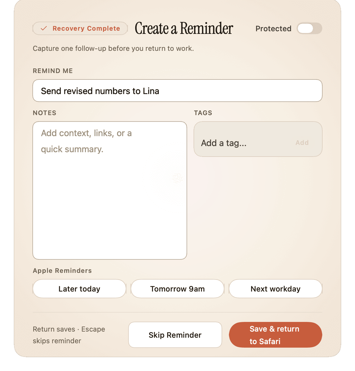Recovery card stage 3: Re-enter