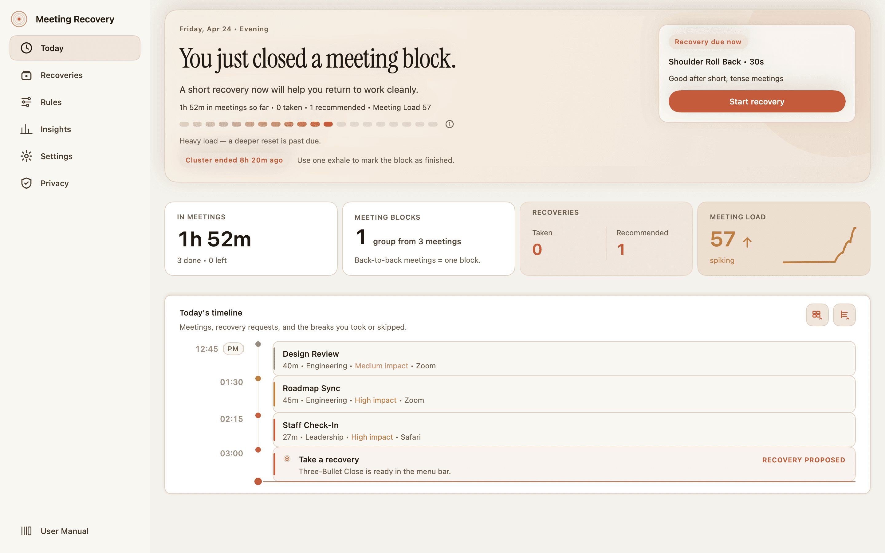 Meeting Recovery's Today dashboard with summary tiles and timeline