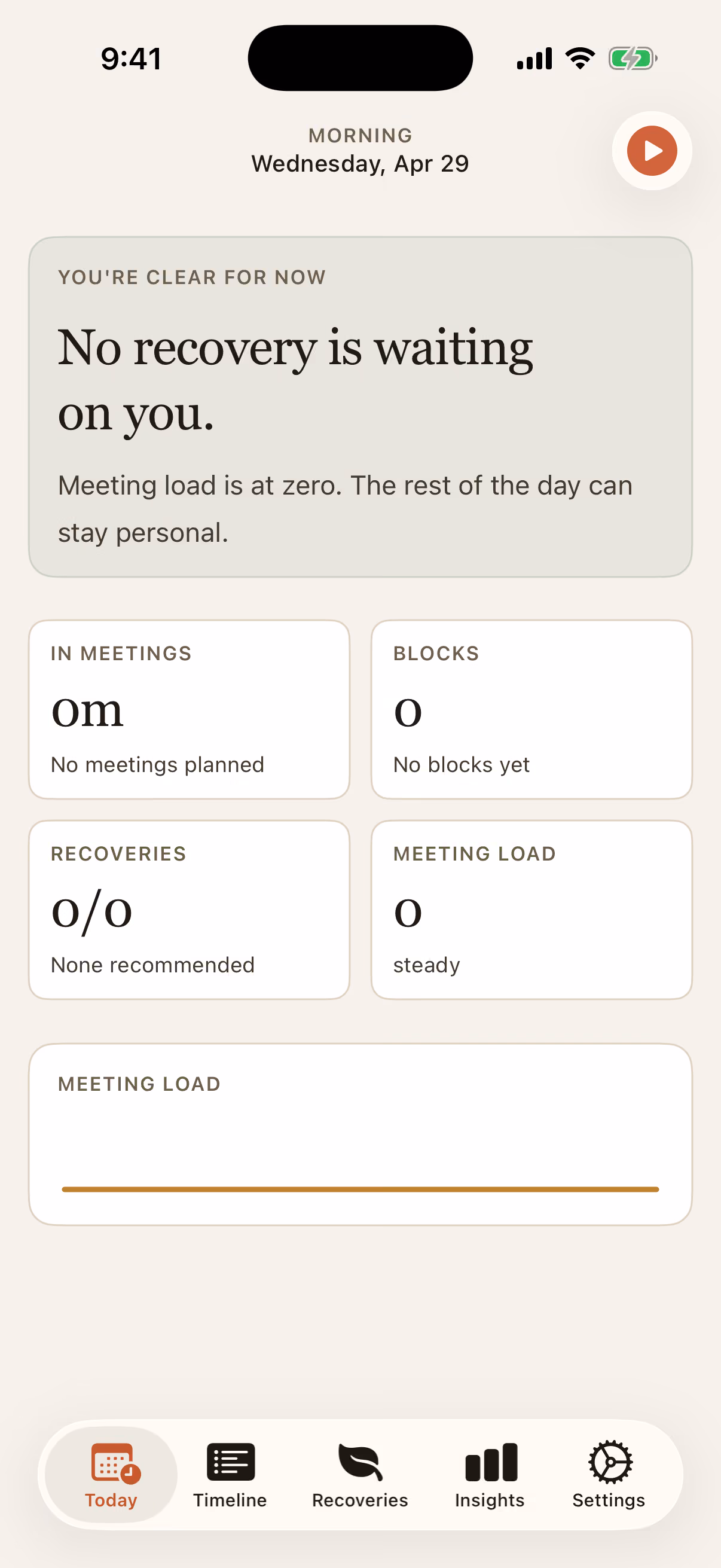 Meeting Recovery iOS Today tab on iPhone — clear-for-now state with In Meetings, Blocks, Recoveries, and Meeting Load tiles and the bottom tab bar
