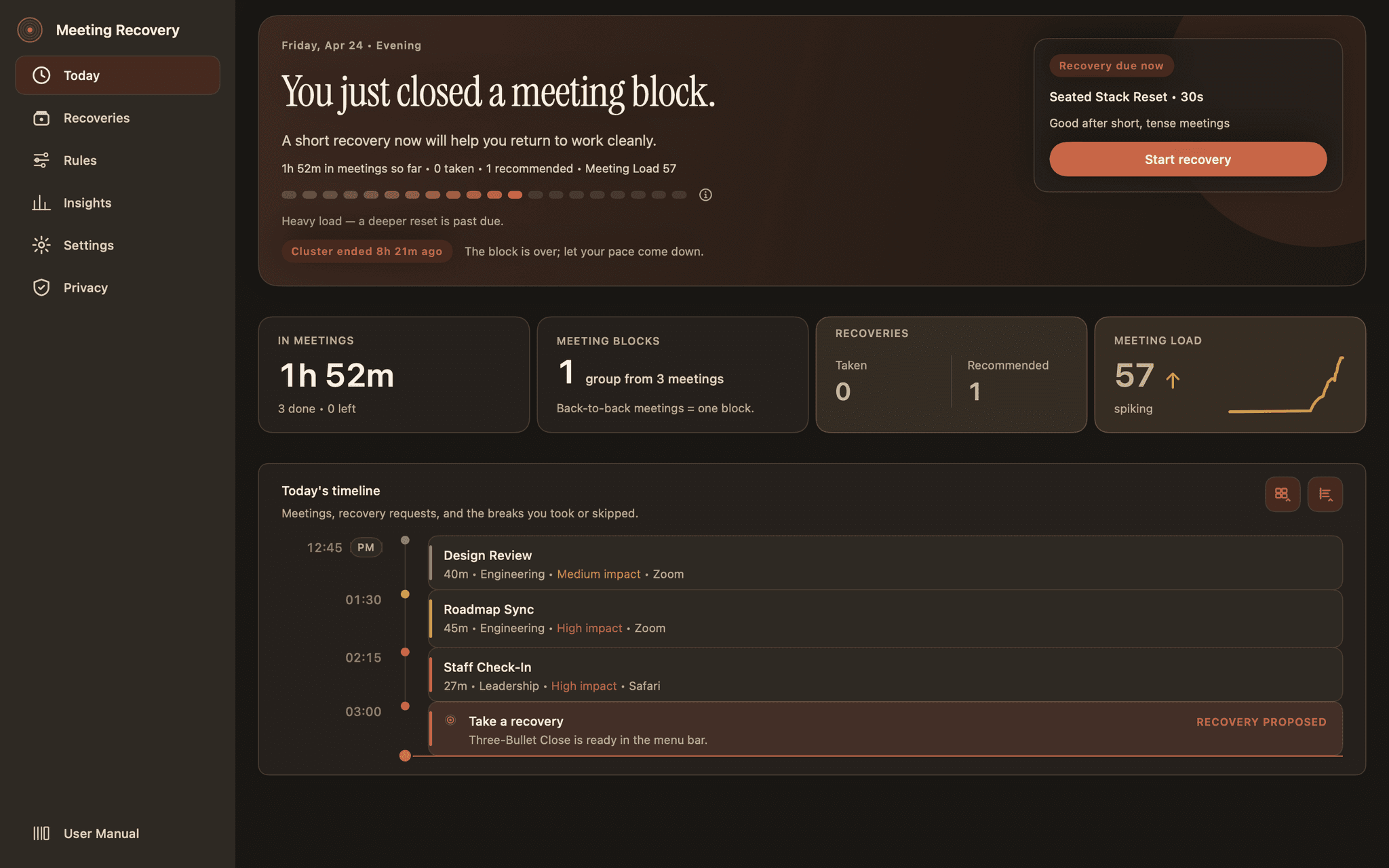 macOS Today dashboard (dark)