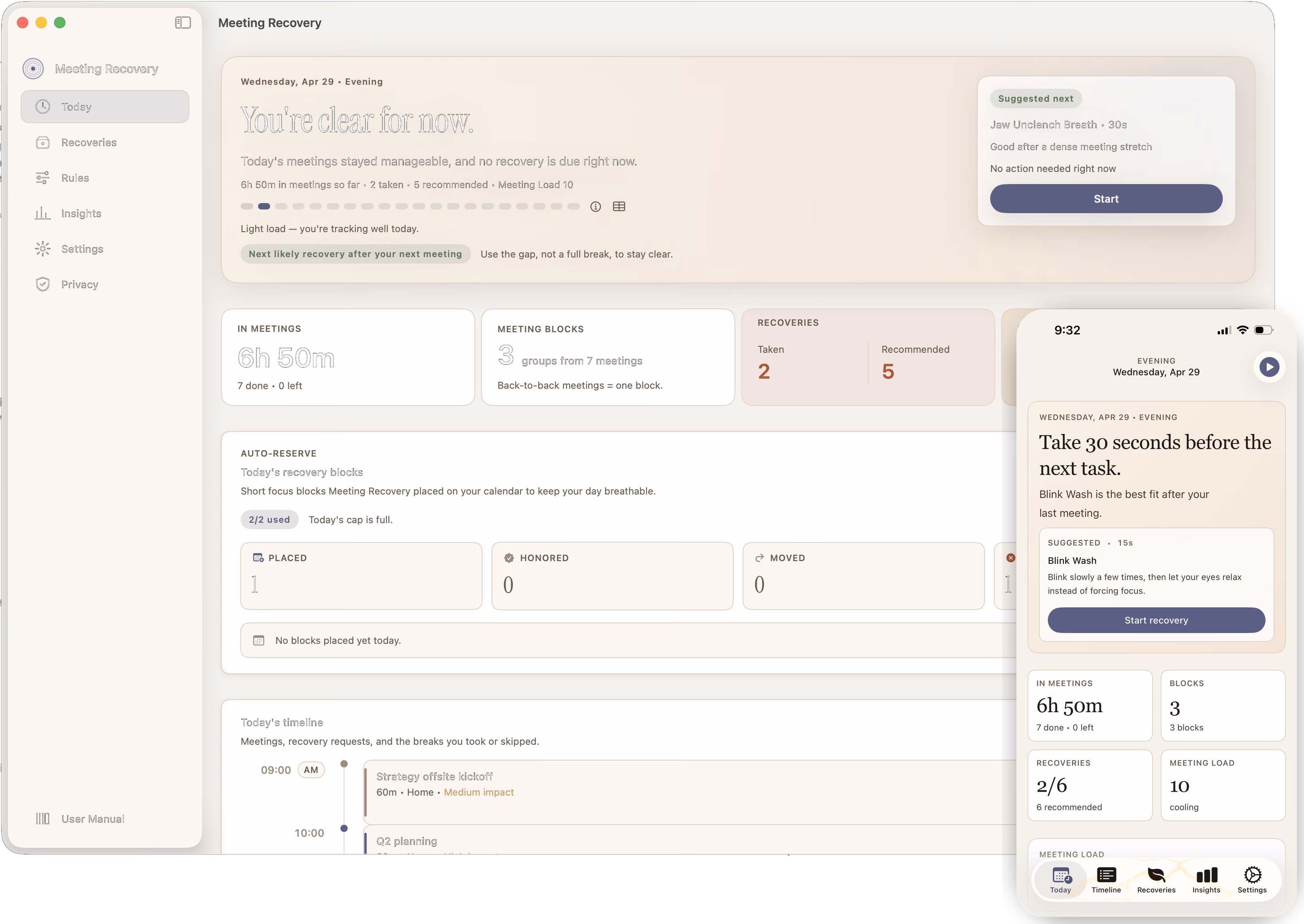 Meeting Recovery's Today dashboard on macOS with the iPhone Today tab mirroring the same state